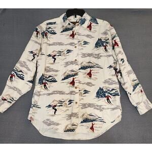 Eddie Bauer Vintage Corduroy Button Up Shirt with Victorian Skiers Print Small‎